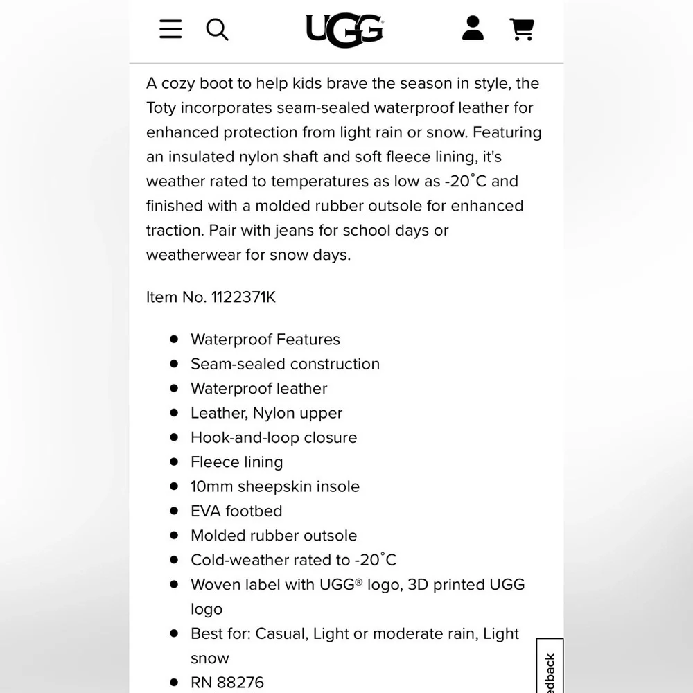 UGG TOTY WEATHER BOOTS- BLACK Kids Size 4 Thinsulate Waterproof Fleece Lining